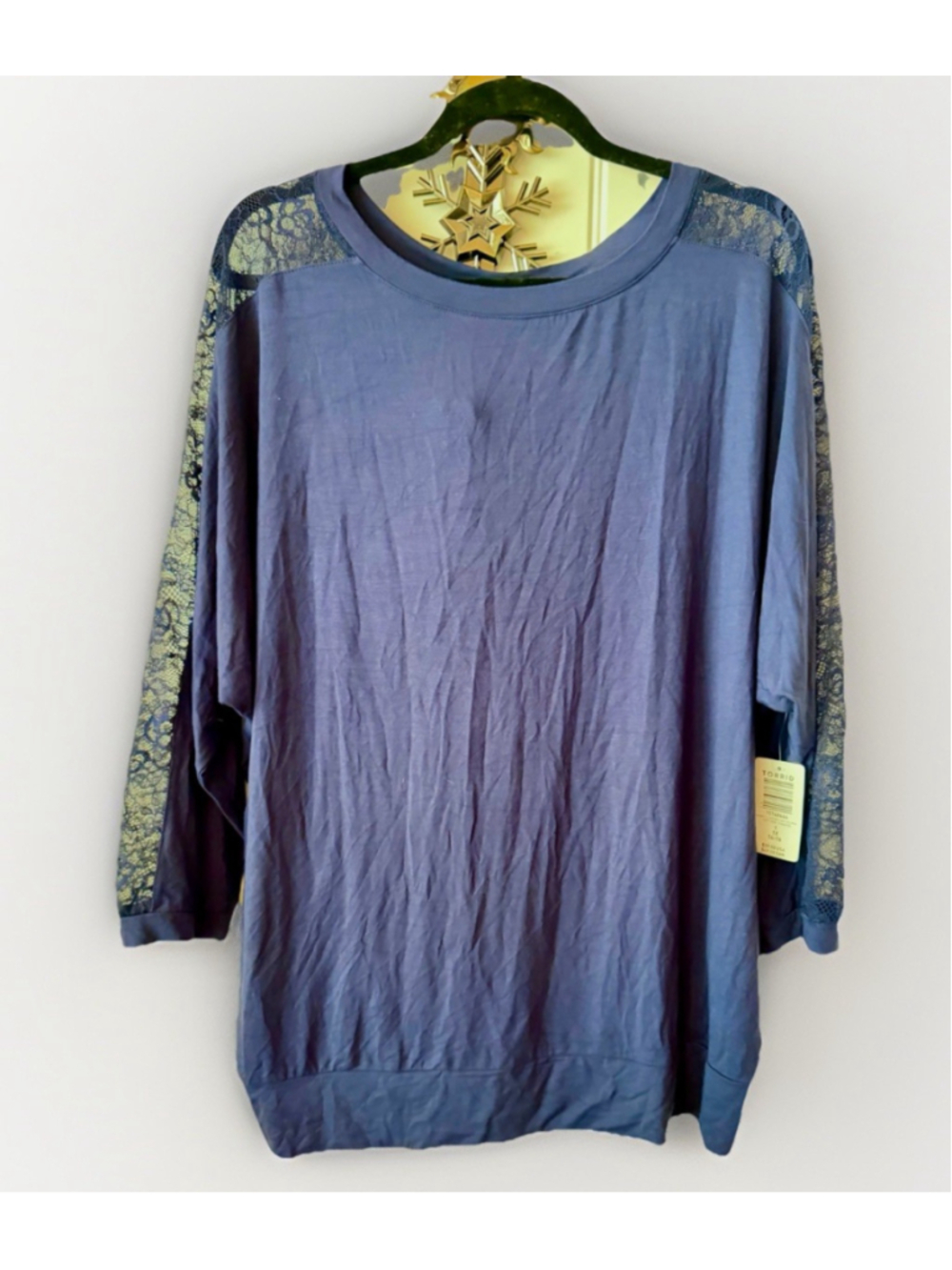 Torrid Super Soft Navy Blue Lace Sleeve Dolman Top Women’s Size 1X 14/16 NWT